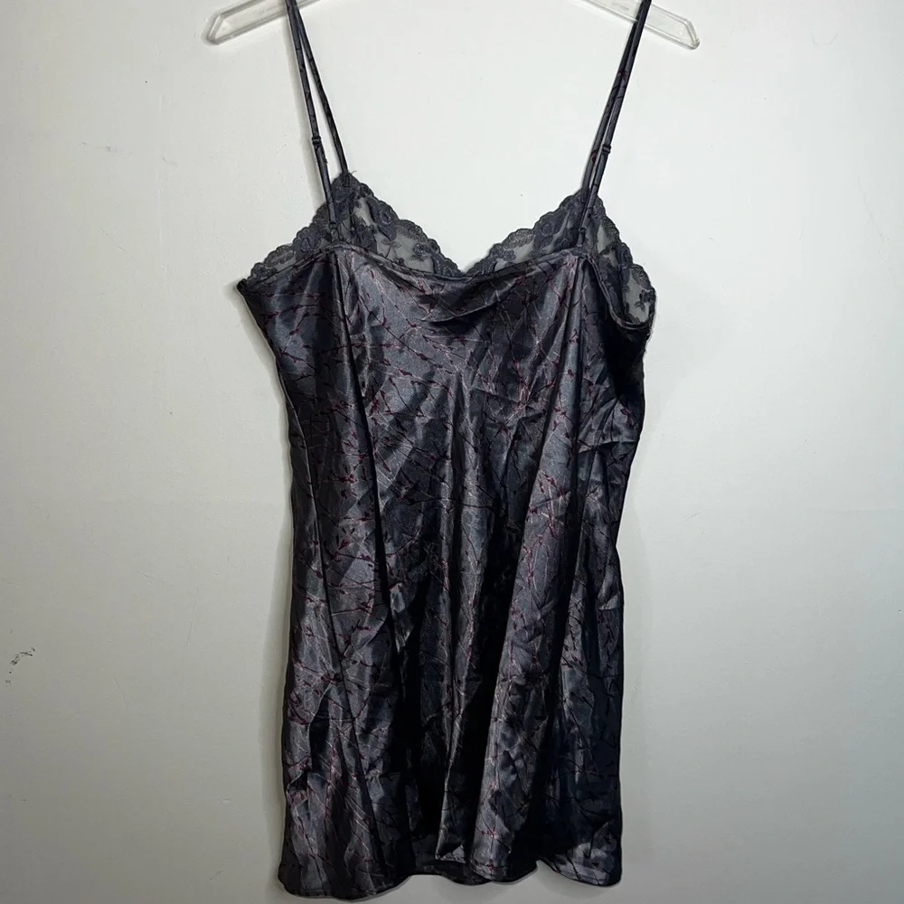 Victoria’s Secret Chemise Charcoal and Burgundy Gray Lace Satin Size Large